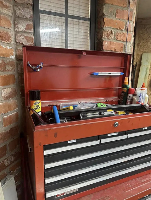 Toolbox with Hidden Stash Safe Can Disguised As Tire Foam Cleaner for Cars, secret compartment visible in red tool chest