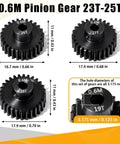 3 Pack Hardened Steel Pinion Gear Set 0.6 Mod 3.175mm Bore For 540 550 RC Motors, 26T 27T 28T, detail view