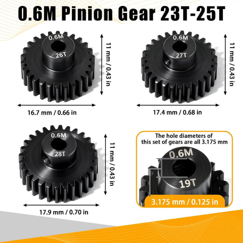 3 Pack Hardened Steel Pinion Gear Set 0.6 Mod 3.175mm Bore For 540 550 RC Motors, 26T 27T 28T, detail view