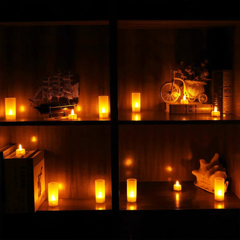 Rechargeable Flameless Tealight Candles Set 12 Pack With White Base And USB Charging Dock Flickering LED Tea Lights on shelf