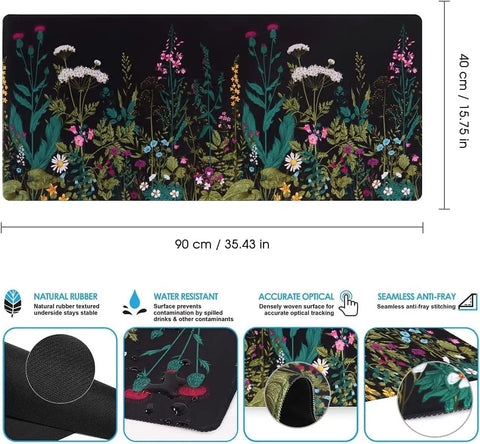Massive Extended Desk Pad For Gaming And Work XXL Thirty Five Point Four By Fifteen Point Seven Inch Keyboard And Mouse Mat Ultra Smooth Surface Rubber Backing With Stitched Edges Keeps Your Desk Protected Perfect For Home Office Or Gaming Setup with a floral pattern and dimensions shown.