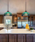 Sea Green Tiffany Style Pendant Light 12 Inch Wide Stained Glass Hanging Lamp for Kitchen Dining Room and Bar, Vintage Victorian Vibe in a modern kitchen