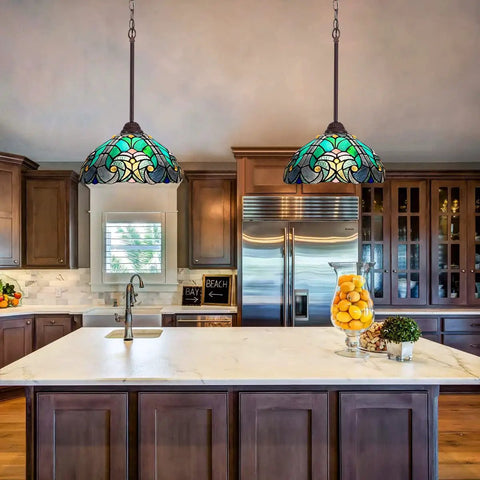 Sea Green Tiffany Style Pendant Light 12 Inch Wide Stained Glass Hanging Lamp for Kitchen Dining Room and Bar, Vintage Victorian Vibe in a modern kitchen
