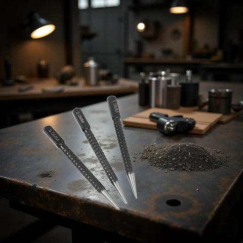 Three Piece High Carbon Steel Center Punch Set for Metal Wood and Alloy Steel 10cm Long with 1/4, 3/8, 1/2 tips on workbench
