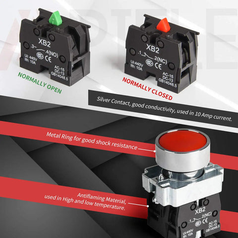 Two Pack 22mm Momentary Push Button Switch Red And Green 1NO 1NC Metal Head XB2-11BN-G&R SPST 660V 10A Nylon Body
