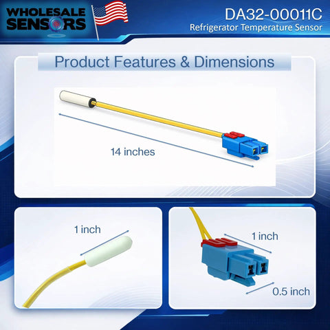 Direct Replacement Refrigerator Temperature Sensor For DA32-00011C, 14-inch yellow wire with blue connector