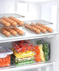 Rolling Egg Tray With Lid For Fridge, Stackable Clear Egg Organizer And Dispenser, 3 pack trays with eggs in a fridge