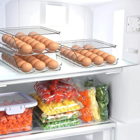 Rolling Egg Tray With Removable Lid For Refrigerator Stackable Plastic Egg Holder Auto Rolling Egg Dispenser With Elevated Slope Design To Keep Eggs Fresh No Fuss Clear Pack Of 4 in fridge