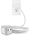 Flat Plug Cube Extension Cord With 10 Ft Reach, 3 Grounded Outlets And 2 USB Ports, cube power strip connected to wall outlet