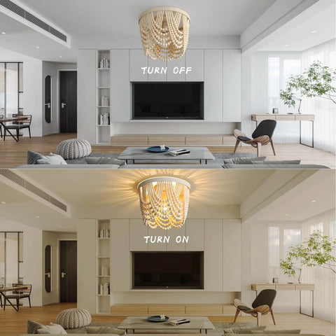 Boho Wood Beaded 3-Light Chandelier Ceiling Fixture Recessed Mounted Antique Rustic Finish in living room on and off