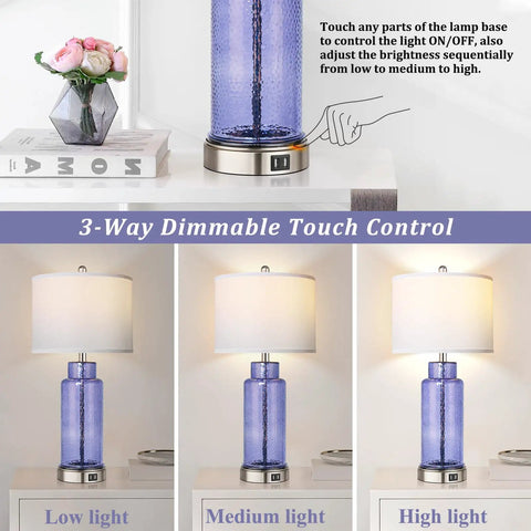 Set Of 2 Blue Glass Table Lamps 26 Inches Tall With White Shade, Touch Control And USB Ports, dimmable light levels shown