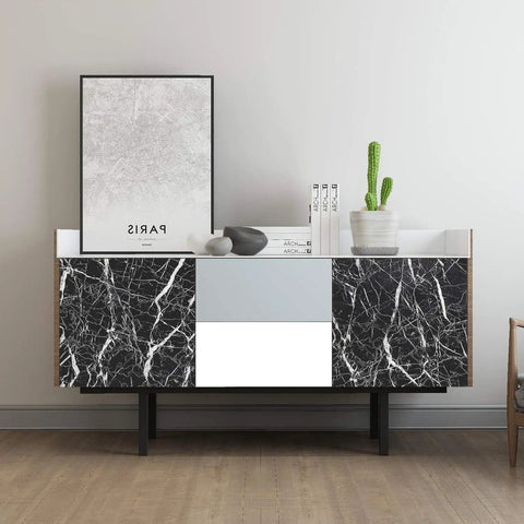 Black Marble Peel And Stick Wallpaper For Countertops Self Adhesive Vinyl Cover For Kitchens DIY Friendly Backsplash Or Tables Waterproof And Oil Proof Renter Friendly No Glue Needed 15.8 Inch By 78.8 Inch applied to sideboard legs.