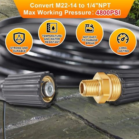 Amazon Boltigen M22-14 to 1/4 in NPT brass pressure washer adapter, side close-up with male fittings