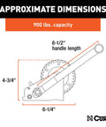 Beefy Manual Hand Crank Boat Trailer Winch For Hauling And Loading, 900 Lb Capacity, Six And A Half Inch Handle, Three Point Two Five To One Gear Ratio, Clear Zinc Finish, Versatile Mounting With Slotted Holes And Ratcheting Lock. Diagram shows 900 lb capacity and 6-1/2 in handle