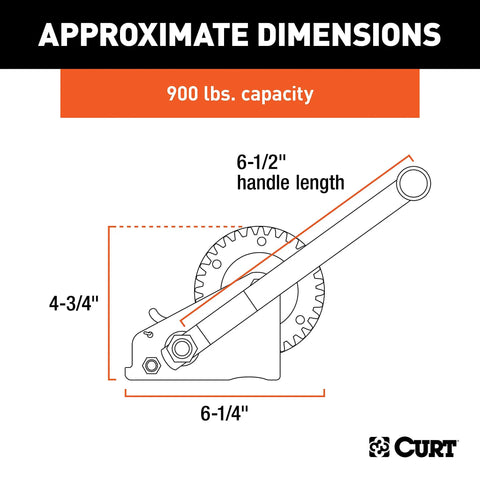 Beefy Manual Hand Crank Boat Trailer Winch For Hauling And Loading, 900 Lb Capacity, Six And A Half Inch Handle, Three Point Two Five To One Gear Ratio, Clear Zinc Finish, Versatile Mounting With Slotted Holes And Ratcheting Lock. Diagram shows 900 lb capacity and 6-1/2 in handle