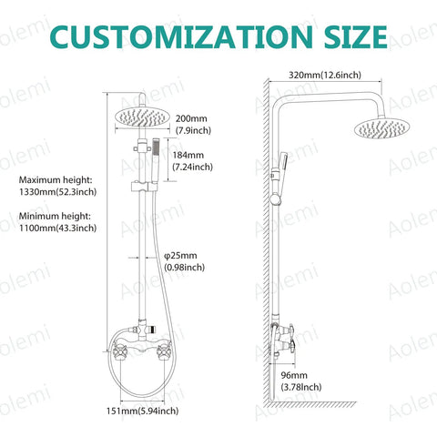 Outdoor Shower Kit With 8 Inch Rainfall Head, Handheld Sprayer, Exposed Shower Pipe dimensions and adjustable height guide.