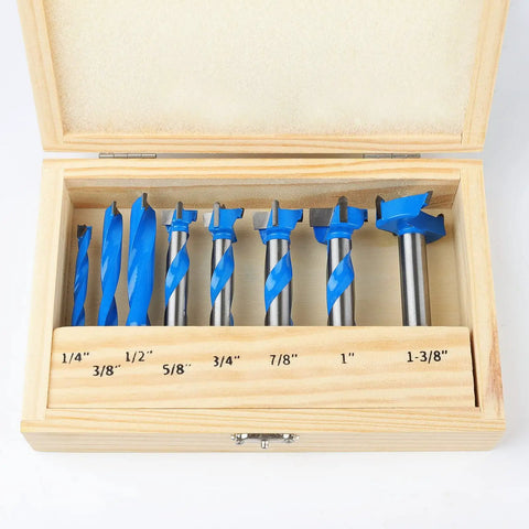 Carbide Tipped Forstner Bit Set 8 Piece Wood Drilling Kit With Pro Grade Precision Bits In 1/4 3/8 1/2 5/8 3/4 7/8 1
