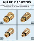 Gas Engine Cylinder Compression Tester Kit 8 Piece Auto Gauge Set Pro Grade For Cars Motorcycles Outboards Snowmobiles And Chainsaws 0 To 300 PSI Reading image of four brass adapters with various sizes and O-rings, labeled M18, M14, M12, M10.
