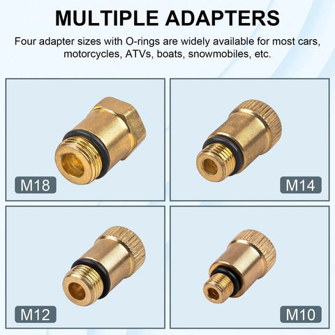 Gas Engine Cylinder Compression Tester Kit 8 Piece Auto Gauge Set Pro Grade For Cars Motorcycles Outboards Snowmobiles And Chainsaws 0 To 300 PSI Reading image of four brass adapters with various sizes and O-rings, labeled M18, M14, M12, M10.