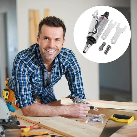 Compact Pneumatic Air Pencil Die Grinder With Heavy Duty Steel Build For Precision Engraving And Polishing Tasks shown with tools in workshop