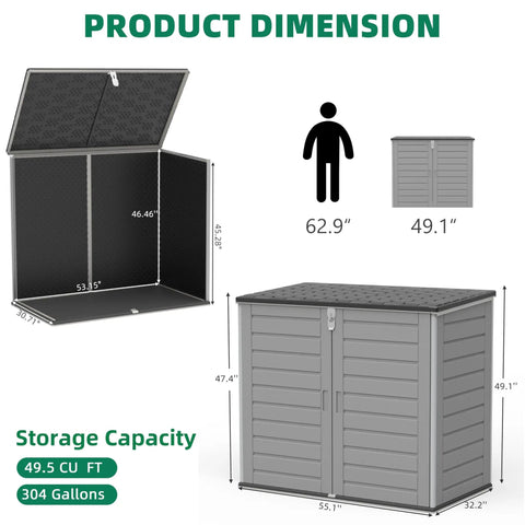 All-Weather Outdoor Storage Shed For Two Trash Bins, 304-Gallon Double-Wall Resin Unit dimensions and storage capacity