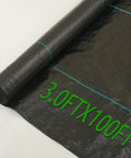 Heavy Duty Garden Weed Barrier Fabric 3ft By 100ft Landscape Ground Cloth unrolled showing black texture and size marking