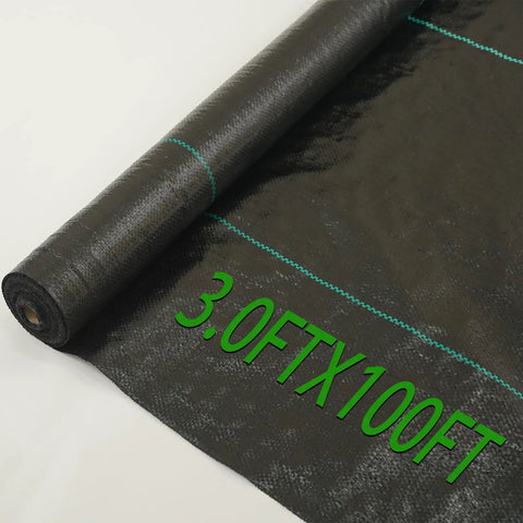 Heavy Duty Garden Weed Barrier Fabric 3ft By 100ft Landscape Ground Cloth unrolled showing black texture and size marking