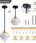 Yuniexuber 2 Pack Modern Mid Century Globe Pendant Lights dimensions image with brass gold and black metal details.