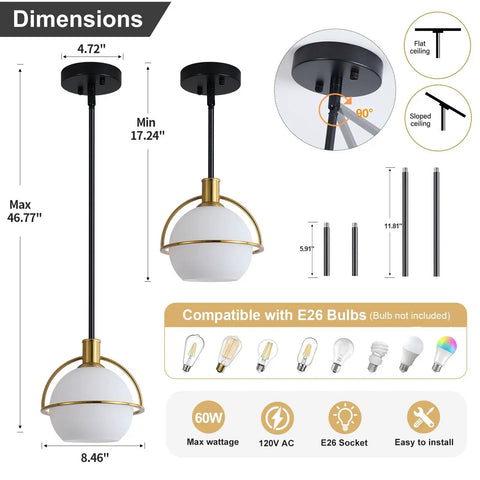 Yuniexuber 2 Pack Modern Mid Century Globe Pendant Lights dimensions image with brass gold and black metal details.