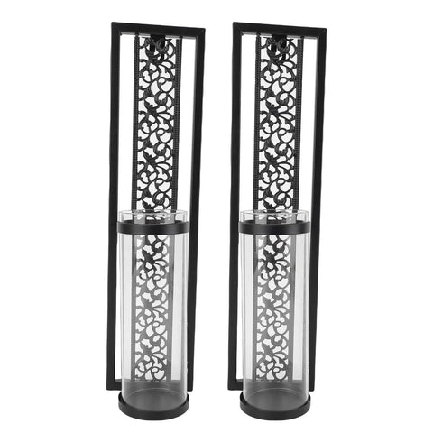 Vintage Hollow Out Metal Wall Sconce Kit Two Piece Candle Holder Set With Glass Covers For Living Room Bedroom Bathroom And Dining Area Easy Install Iron Wall Decor black iron pair