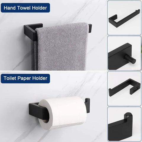 Dope 4-Piece Brushed Nickel Bathroom Hardware Set With 24-Inch Towel Bar Hand Towel Holder Toilet Paper Holder And Robe Hook Wall Mounted Premium 304 Stainless Steel Rust Resistant Modern Square Base Design showing hand towel and toilet paper holders.