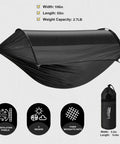Double Or Single Camping Hammock With Mosquito Net And Tree Straps, Lightweight Nylon, showing dimensions and features icons