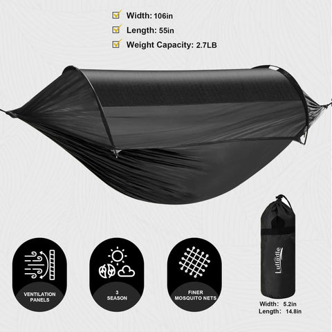 Double Or Single Camping Hammock With Mosquito Net And Tree Straps, Lightweight Nylon, showing dimensions and features icons