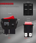 Dimensions of Beefy 30A 250V DPST Rocker Switch with Red Illuminated Indicator, 4 Pin Design for Industrial Use