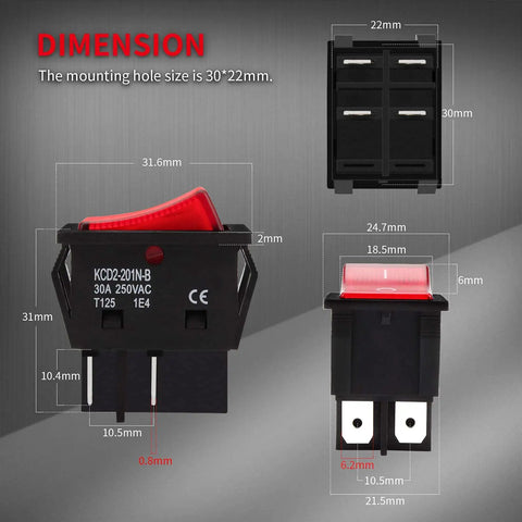 Dimensions of Beefy 30A 250V DPST Rocker Switch with Red Illuminated Indicator, 4 Pin Design for Industrial Use