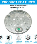 Built Tough Shallow Round Metal Electrical Junction Box 1/2 Inch Deep Galvanized Steel Wiring Hub 2 Pack showing product features.