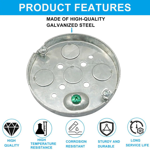 Built Tough Shallow Round Metal Electrical Junction Box 1/2 Inch Deep Galvanized Steel Wiring Hub 2 Pack showing product features.