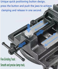 Beefy 4.2 Inch Quick Release Workbench Vise Clamp with 110 Degree Swivel Base and quick position button, close-up view