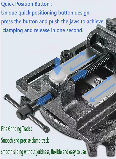 Beefy 4.2 Inch Quick Release Workbench Vise Clamp with 110 Degree Swivel Base and quick position button, close-up view