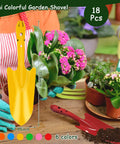 18 Piece Colorful Garden Shovel Set For Teens And Adults Mini Metal Hand Trowels For Planting Weeding Transplanting And Succulents Six Bright Colors Durable Digging Tools 11 By 3 Inches displayed with plants