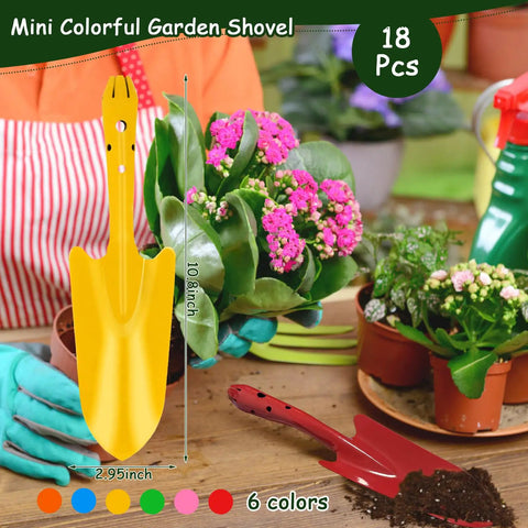 18 Piece Colorful Garden Shovel Set For Teens And Adults Mini Metal Hand Trowels For Planting Weeding Transplanting And Succulents Six Bright Colors Durable Digging Tools 11 By 3 Inches displayed with plants