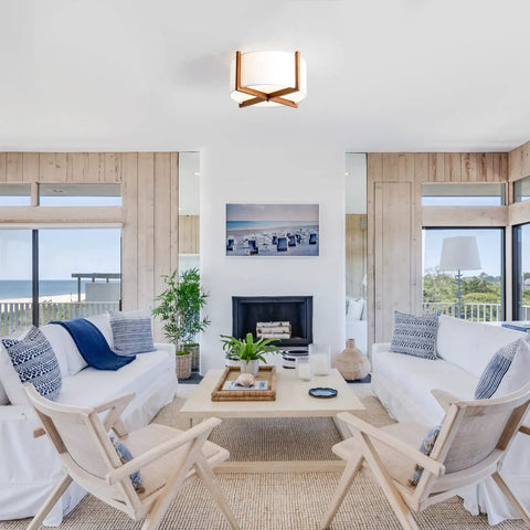 Semi Flush Mount Ceiling Light Fixture With Wood And Off White Fabric Drum Shade Modern Chandelier in cozy living room