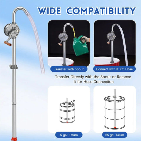 55 Gallon Drum Pump Heavy Duty Aluminum Manual Barrel Pump for Oil Transfer with Adjustable 5 to 55 Gallon Drums, wide compatibility