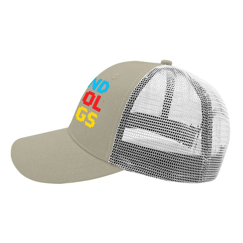 Apricot Mesh Baseball Hat For Men And Women Cool Bugs Trucker Cap side view showing mesh panel and colorful text