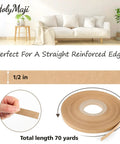Professional Grade Upholstery Tack Strip Half Inch Wide By Seventy Yards Long Delivers Dead Nuts Straight Edges Hides Staples Quick On Couches Chairs And Recliners No Sweat, showing a half-inch wide tack strip and hand holding it.