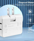 Close-up of a white Three Way Rotating Wall Plug Adapter 2 Prong Portable Outlet Splitter Type A, features fire-resistant material.