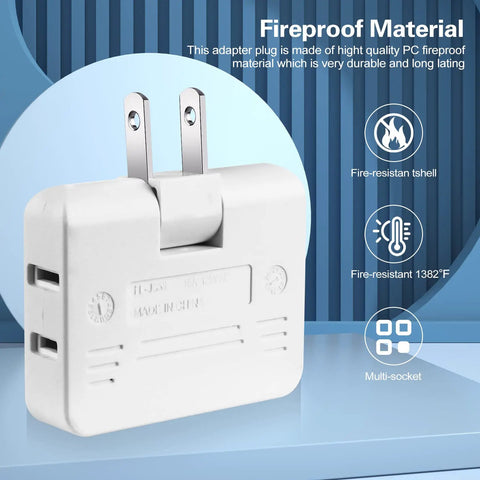 Close-up of a white Three Way Rotating Wall Plug Adapter 2 Prong Portable Outlet Splitter Type A, features fire-resistant material.
