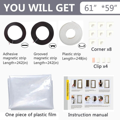 Contents of Magnetic Window Insulation Kit With Transparent Film And White Frame Up To 61 By 59 Inches, shown with accessories.
