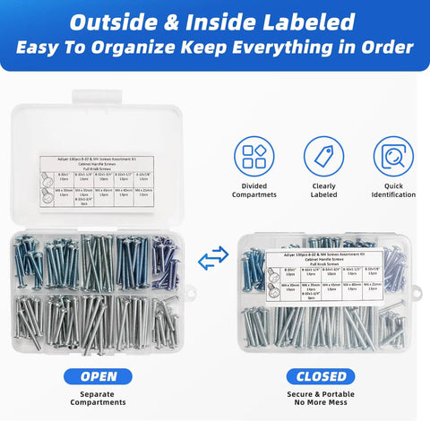 Top Tier Cabinet Pull Screws And Dresser Drawer Knob Fasteners With Rock Solid 8-32 And Metric M4 Threads in labeled case with compartments.