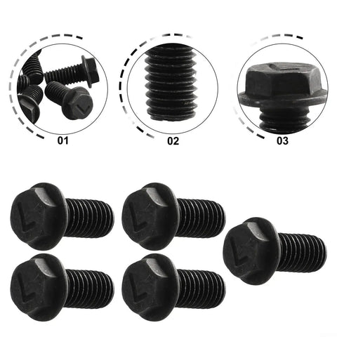 5-Pack Heavy Duty M8 X 18mm Left Hand Thread Hex Flange Screws Made From High Strength Carbon Steel For Industrial Cutting Machines And Reverse Rotation Blade Securement To Stop Loosening Under Stress In Workshop Jobs screws displayed to show details and texture